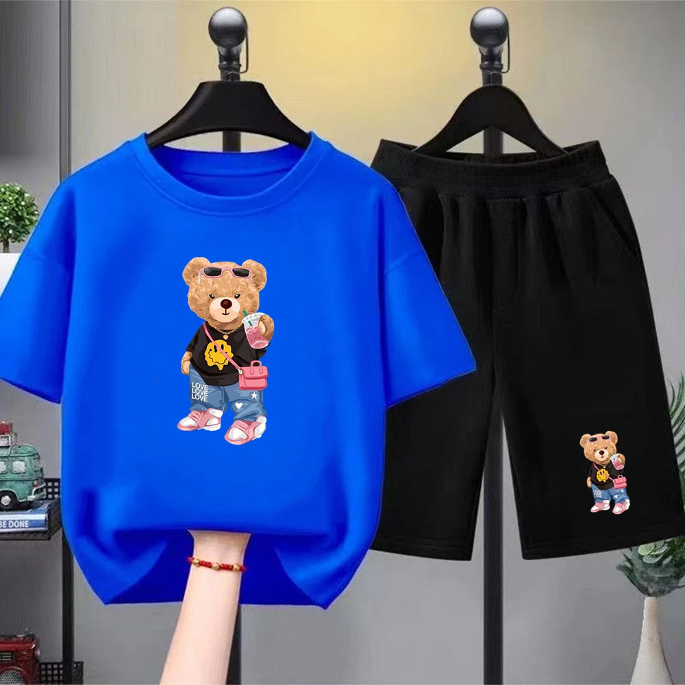 Little bear Print yellow Summer Short Sleeve Children Age 3-12 Girls boy Set white black Tshirt+Shorts 2pcs leisure Kids Set