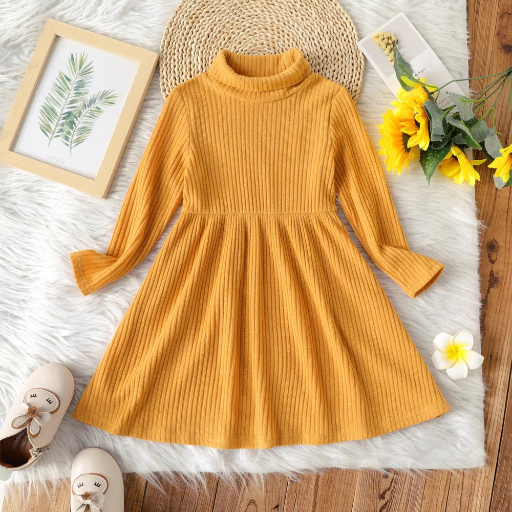 Toddler Girl Turtleneck Solid Color Ribbed Long-sleeve Dress