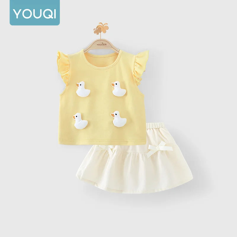 【Youqi】Chinese 0-2 Year Old Baby Girl Outfit Short-Sleeve Shorts Set New Style Baby Top Two-Piece Set Children's Fashionable Outfit