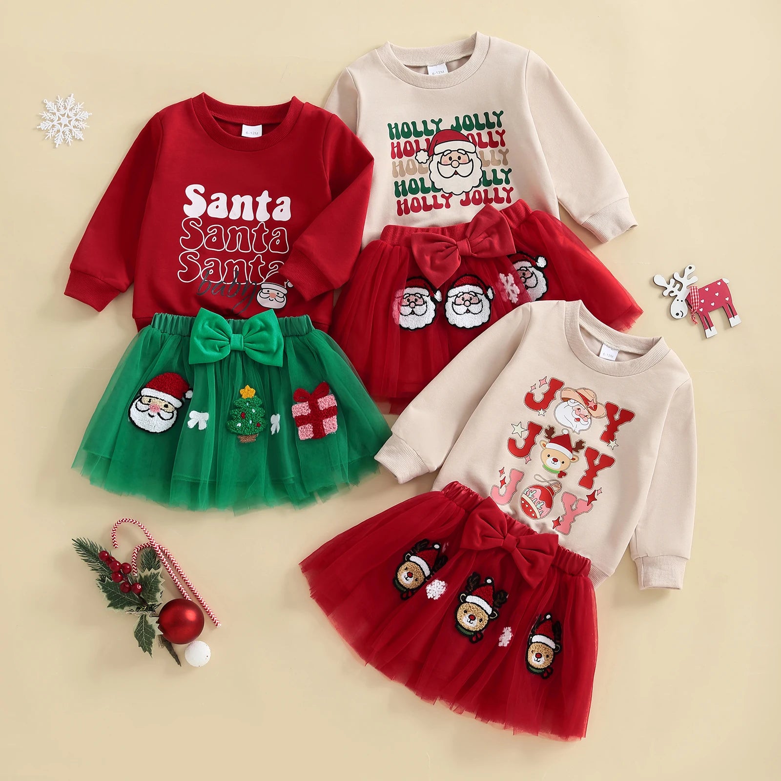 Kidsclick Girls Christmas 2-Piece Outfit – Santa Claus Print Long Sleeve Top & Tulle Skirt Set