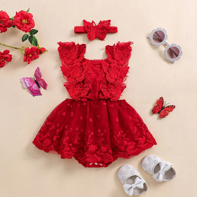 Infant Baby Girls Princess Rompers Dress Lace Butterfly Fly Sleeve Mesh Skirt Hem Jumpsuits with Headband Birthday Party Outfit