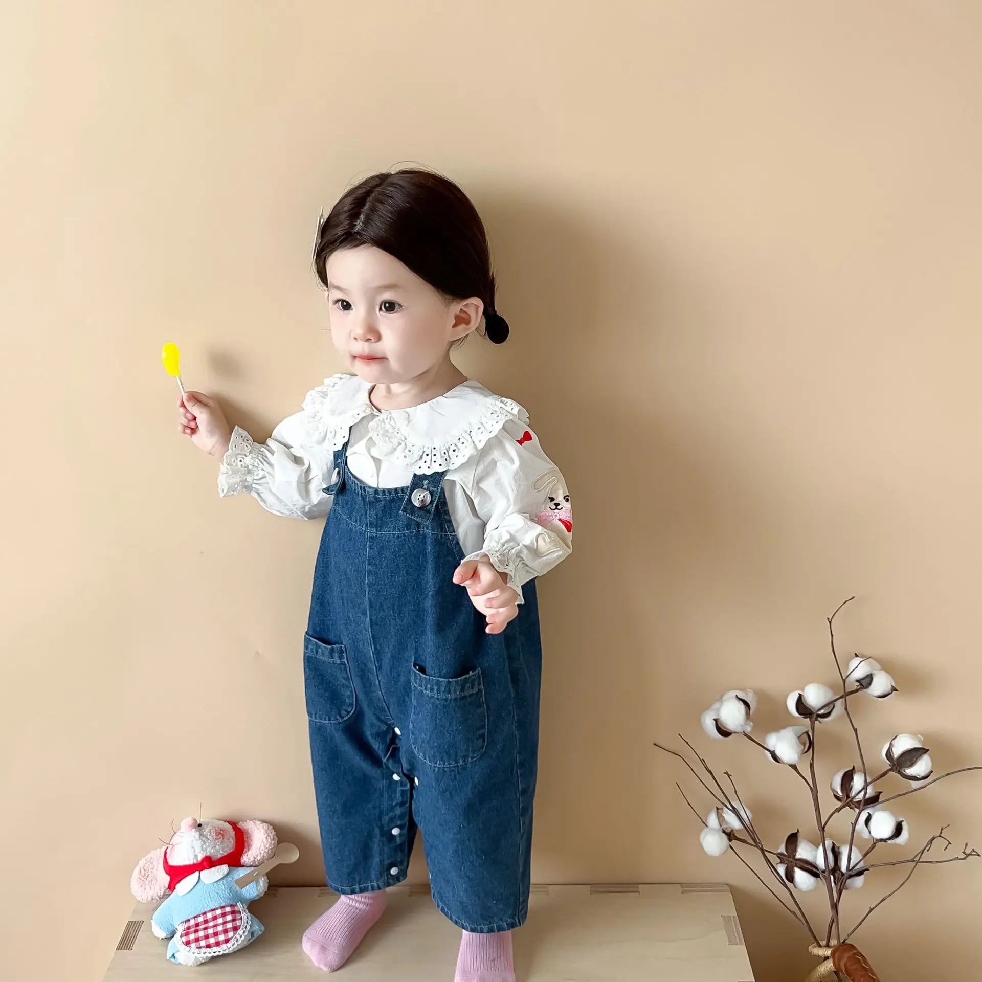 2025 Autumn New Baby Girl Sleeveless Denim Jumpsuit Toddler Girl Cute Rabbit Ear Overalls Infant Romper Kids Clothes 0-24M