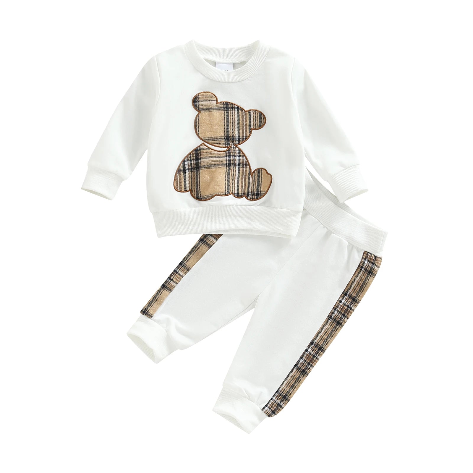 VISgogo Baby Girl Boy Clothes Spring Fall Outfits Long Sleeve Plaid Bear Sweatshirt Tops and Pants 2Pcs Casual Tracksuits