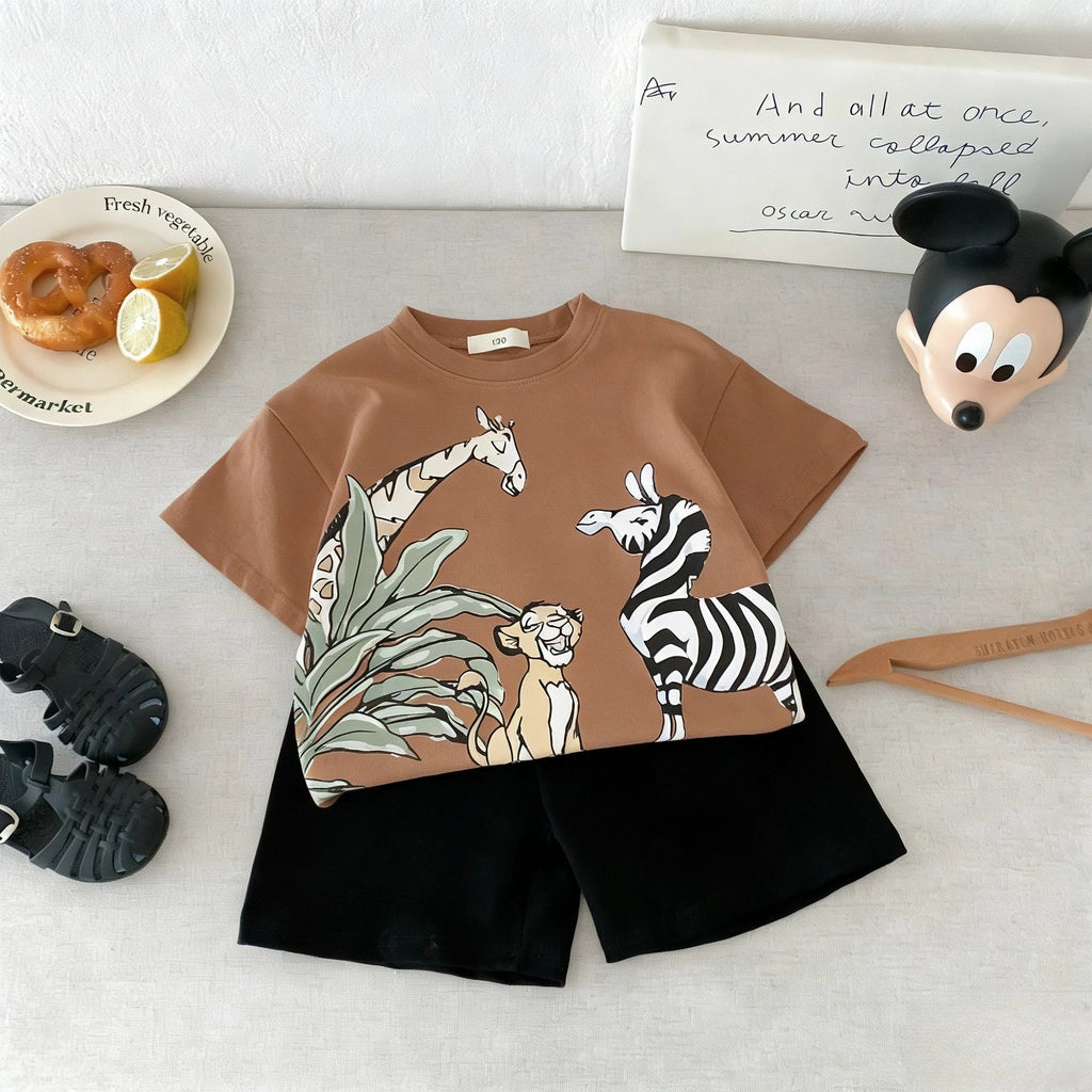 Kidsclick Boys’ Lion Print T-Shirt & Shorts Set – Summer 2-Piece Casual Outfit