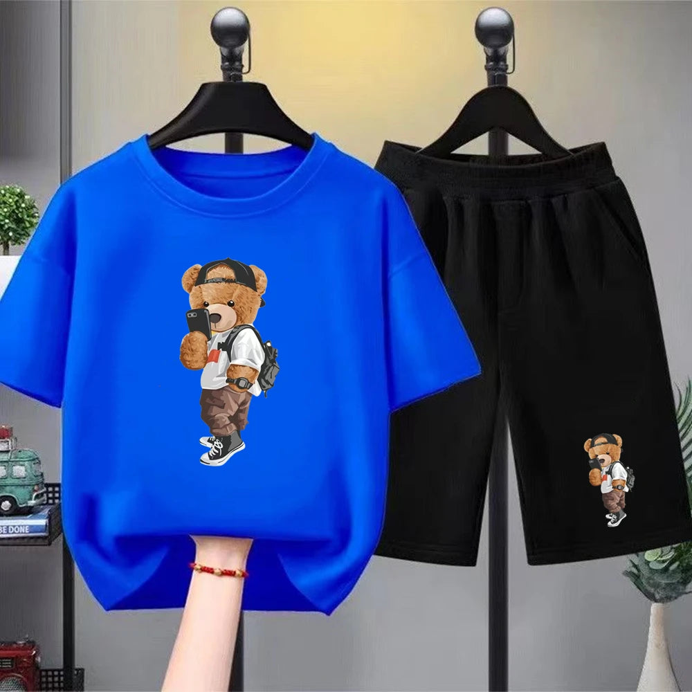 Little bear Print yellow Summer Short Sleeve Children Age 3-12 Girls boy Set white black Tshirt+Shorts 2pcs leisure Kids Set