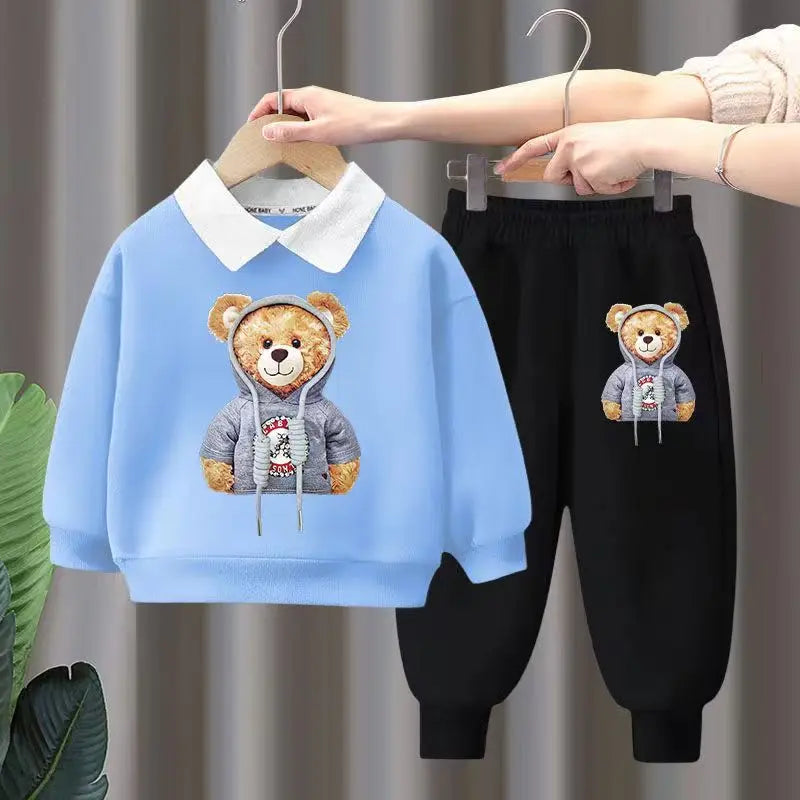 Autumn Kid Girls Clothes Set Children Boy Lapel Cartoon Bear Printed Sweatshirts Pullover Top And Pants Bottom Suit Tracksuits