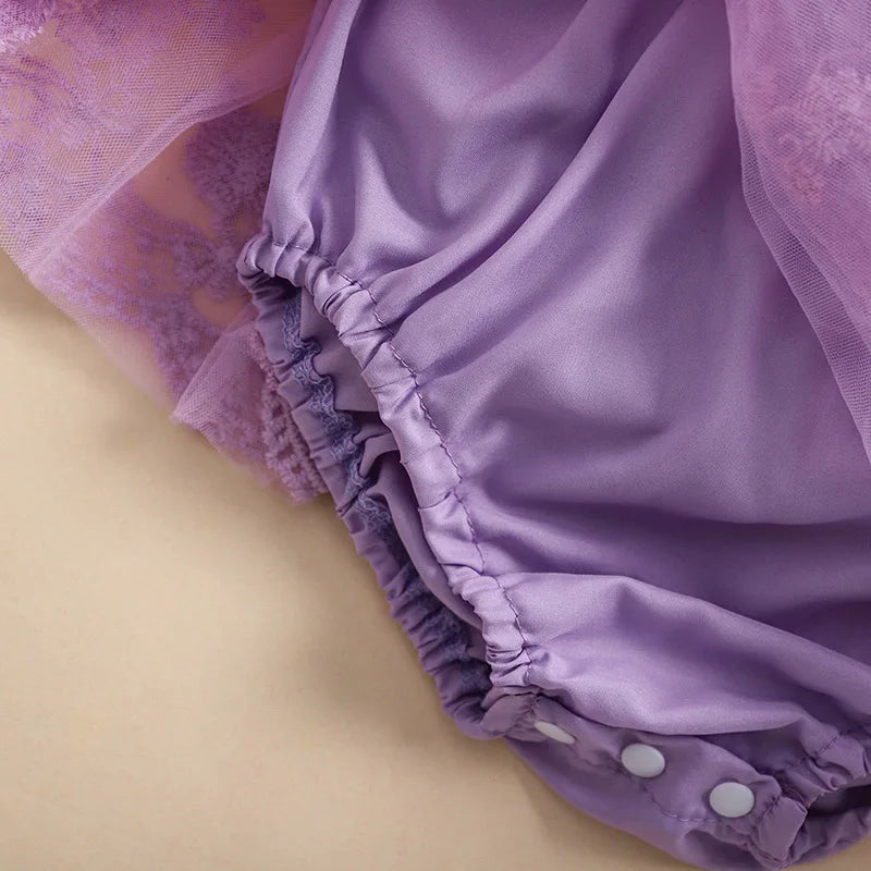 Infant Baby Girls Princess Rompers Dress Lace Butterfly Fly Sleeve Mesh Skirt Hem Jumpsuits with Headband Birthday Party Outfit