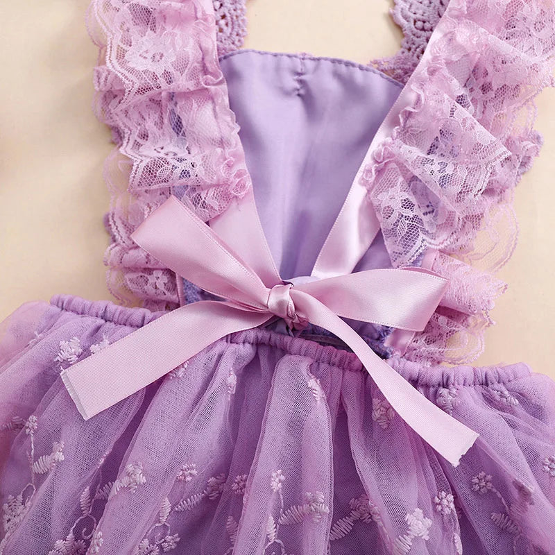 Infant Baby Girls Princess Rompers Dress Lace Butterfly Fly Sleeve Mesh Skirt Hem Jumpsuits with Headband Birthday Party Outfit
