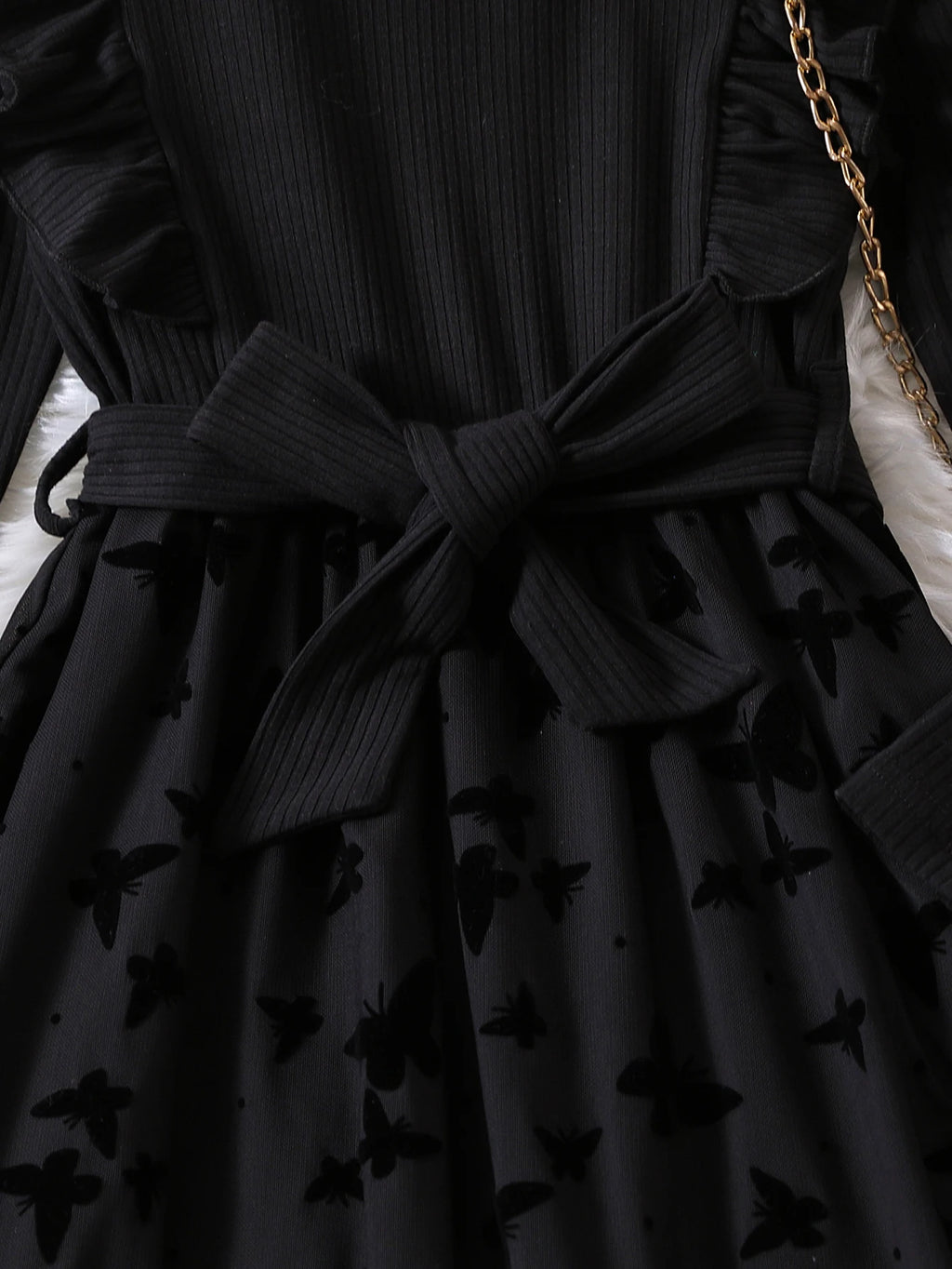 Girls Black Velvet Dress with Butterfly Design Autumn Winter Sweet Cool Princess Style Knitted Panel Velvet Skirt for Kids
