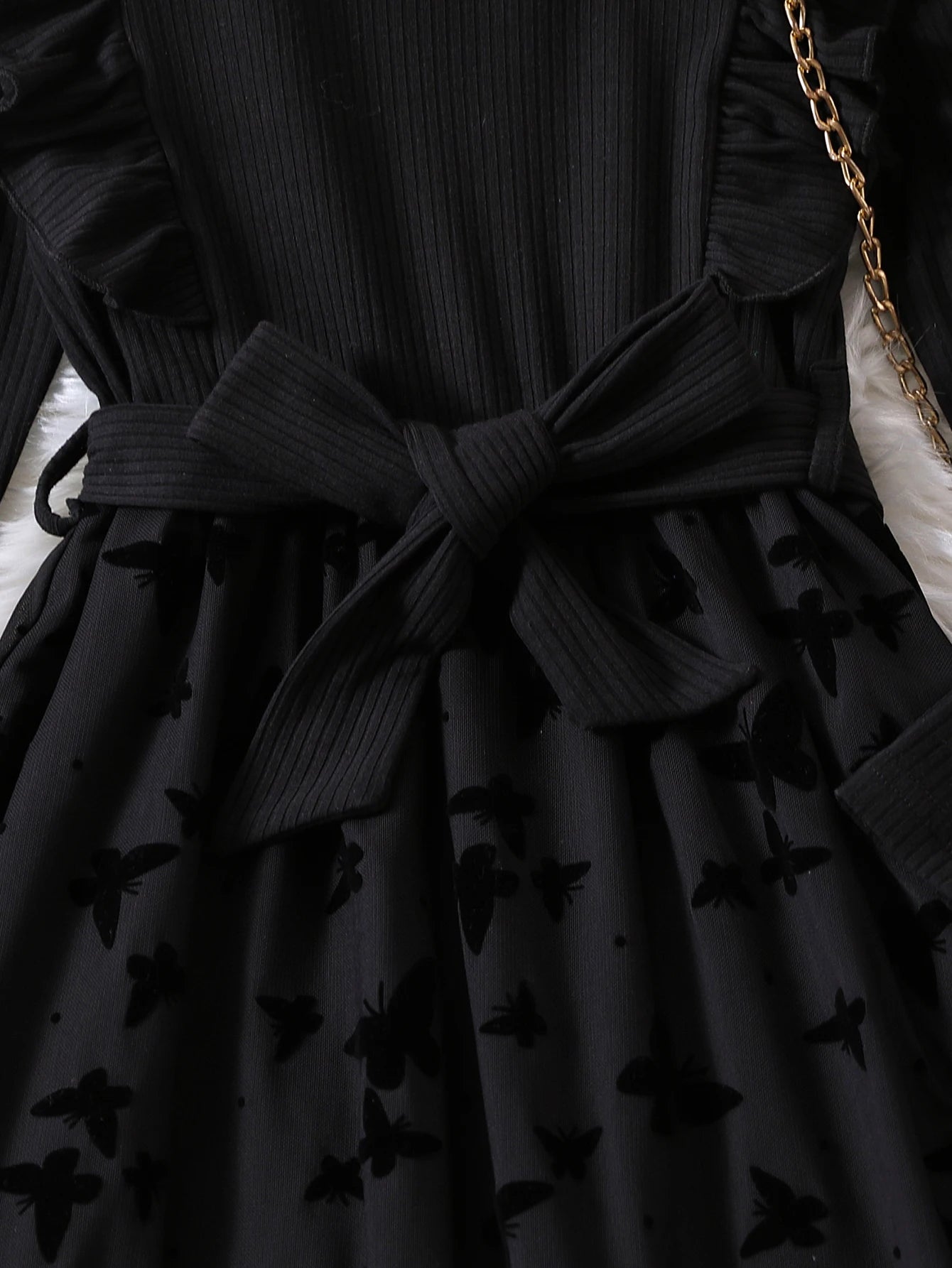 Girls Black Velvet Dress with Butterfly Design Autumn Winter Sweet Cool Princess Style Knitted Panel Velvet Skirt for Kids