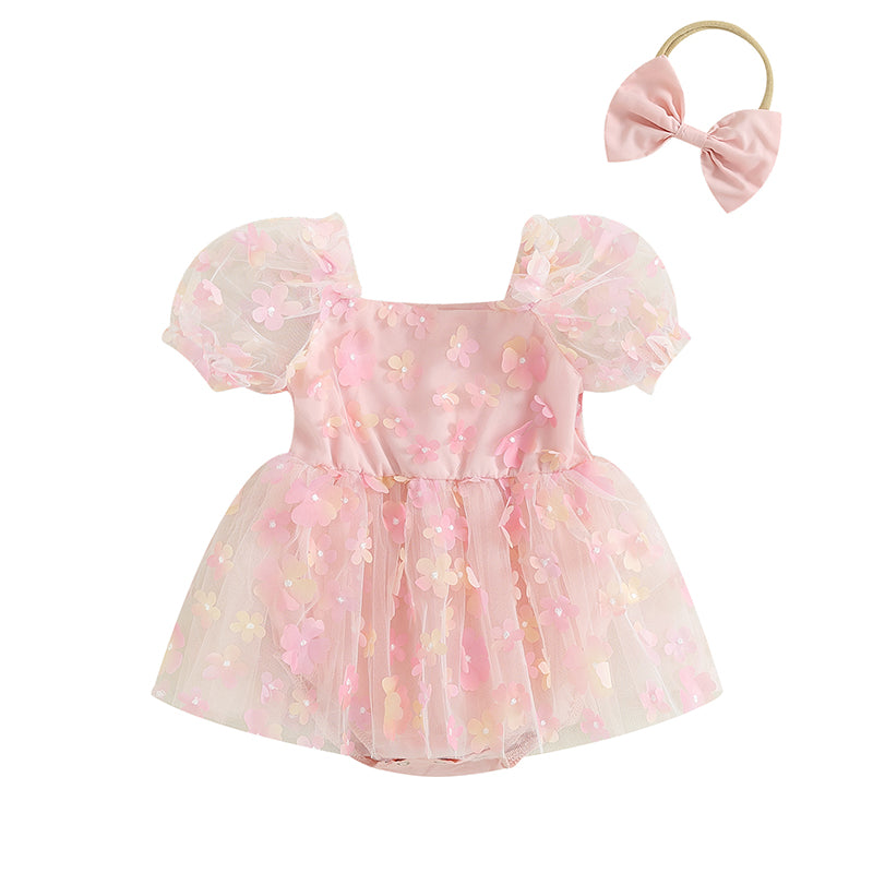 Kidsclick Baby Girls 2-Piece Summer Romper & Tulle Dress Set – Puff Sleeve 3D Flower Bodysuit with Bow Headband