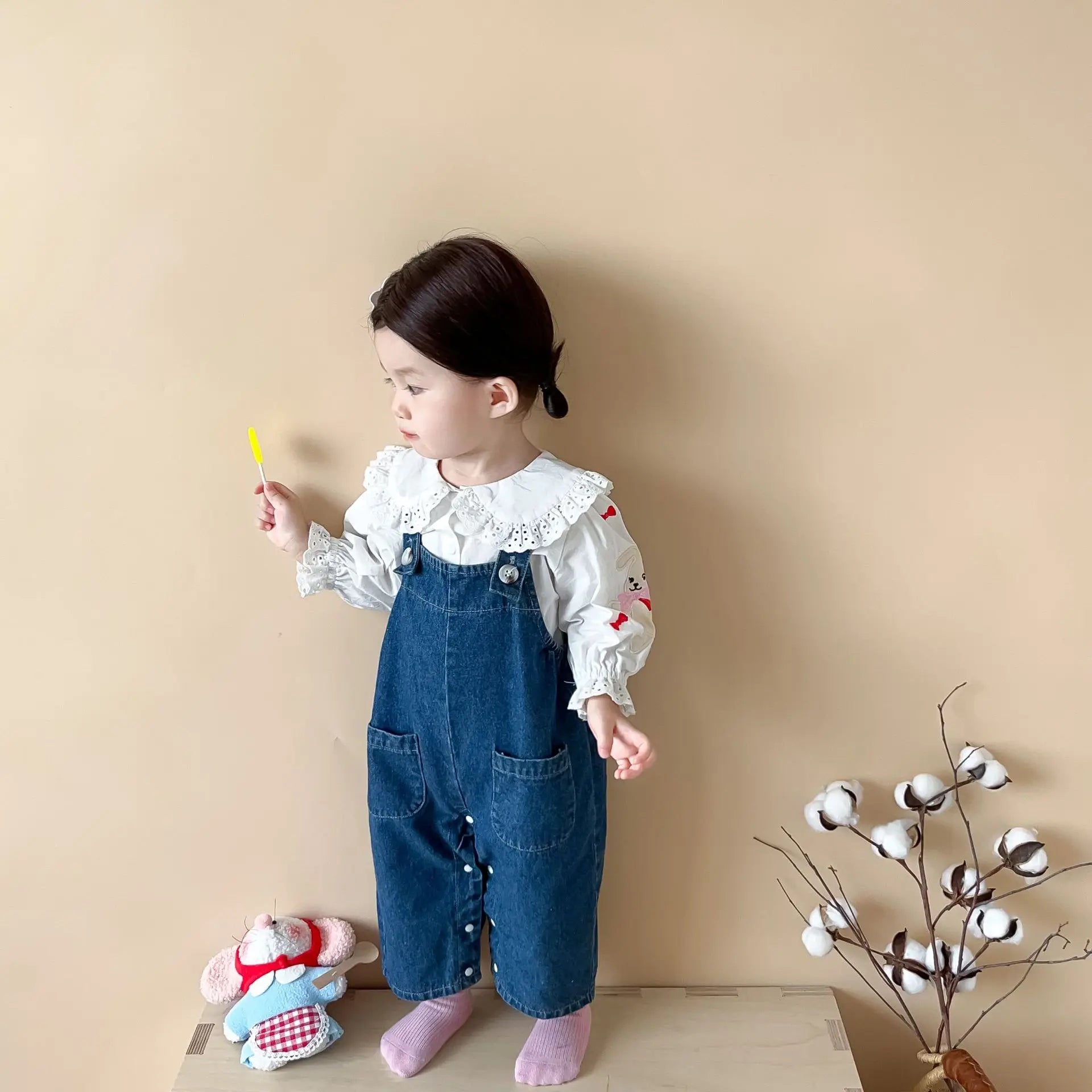 2025 Autumn New Baby Girl Sleeveless Denim Jumpsuit Toddler Girl Cute Rabbit Ear Overalls Infant Romper Kids Clothes 0-24M