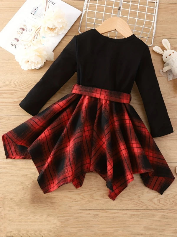 "Kids' Retro Plaid Dress | Black & Red Color Block with Big Bow Waist - Asymmetrical Hem Long-Sleeve Princess Dress"