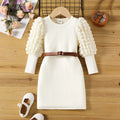 Toddler Girl Textured Ribbed Long Puff-sleeve Dress (Belt is not included)