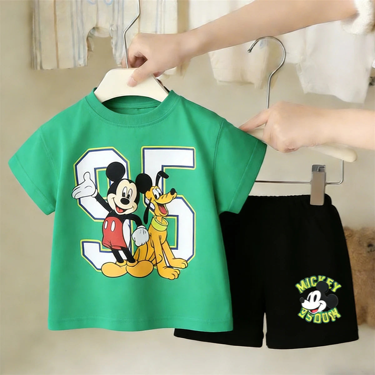 Kidsclick Kids’ Mickey Mouse T-Shirt & Shorts Set – Summer 2-Piece Outfit (Green Tee & Black Shorts)
