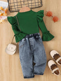 《Girls' Fashion Outfit | Dark Green Ruffled Knit Top + Distressed Jeans, Creating a Retro Trendy Look for Little Cuties》