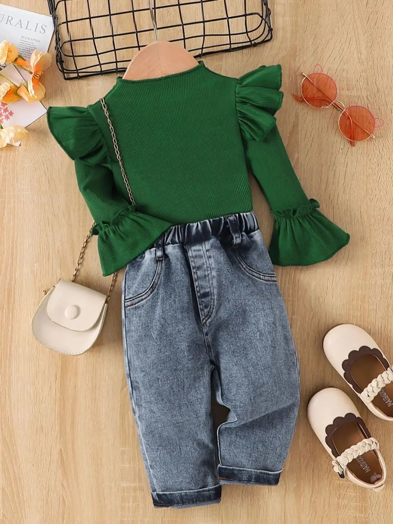 《Girls' Fashion Outfit | Dark Green Ruffled Knit Top + Distressed Jeans, Creating a Retro Trendy Look for Little Cuties》